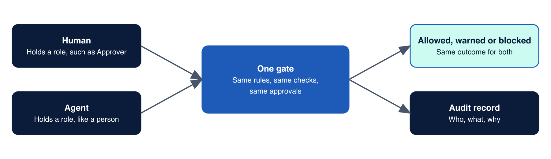 Diagram: a human and an agent each hold a role and pass through one gate with the same rules, checks and approvals, producing the same outcome and an audit record